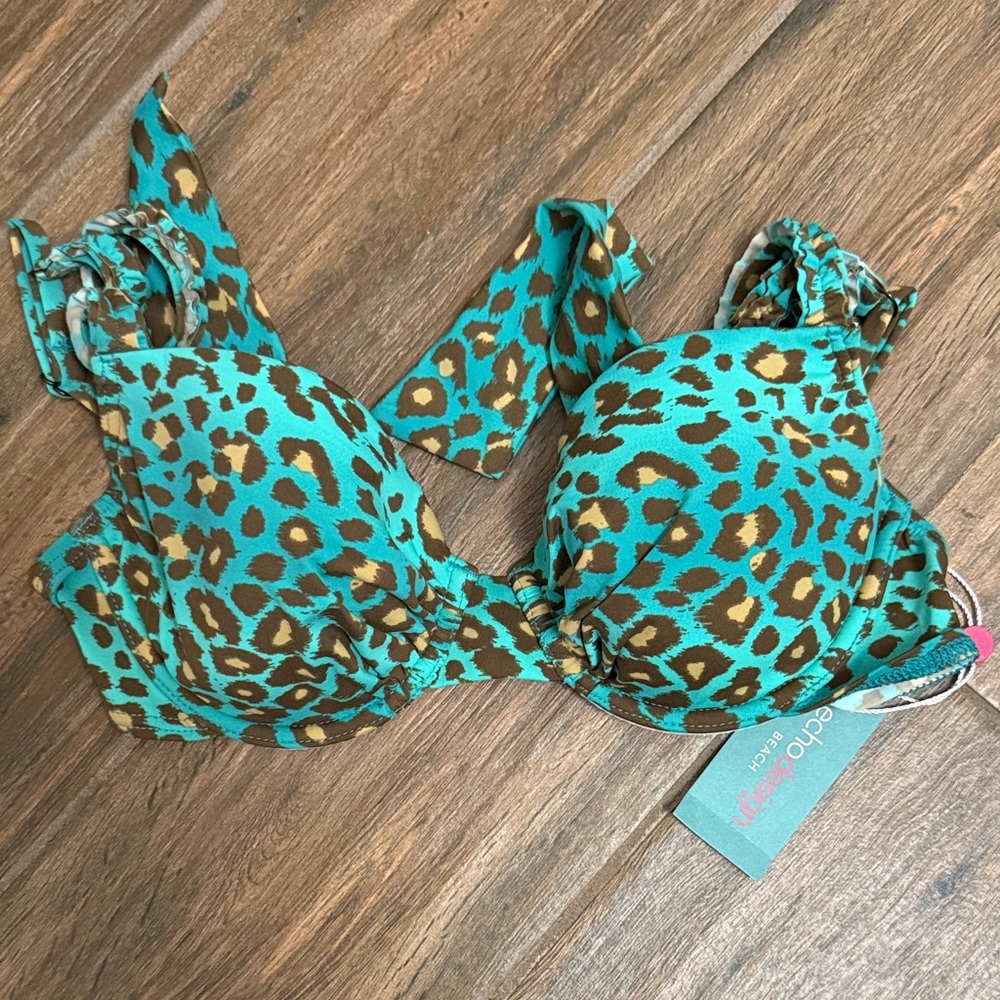 Echo Design Teal and Brown Leopard Bikini Top NWT